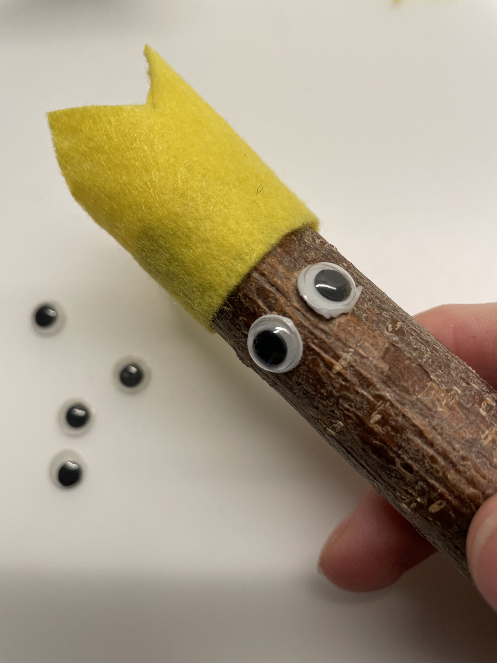 Bild zum Schritt 14 für das Bastel- und DIY-Abenteuer für Kinder: 'Klebe nun die Wackelaugen mit dem Klebestift auf den Ast....'