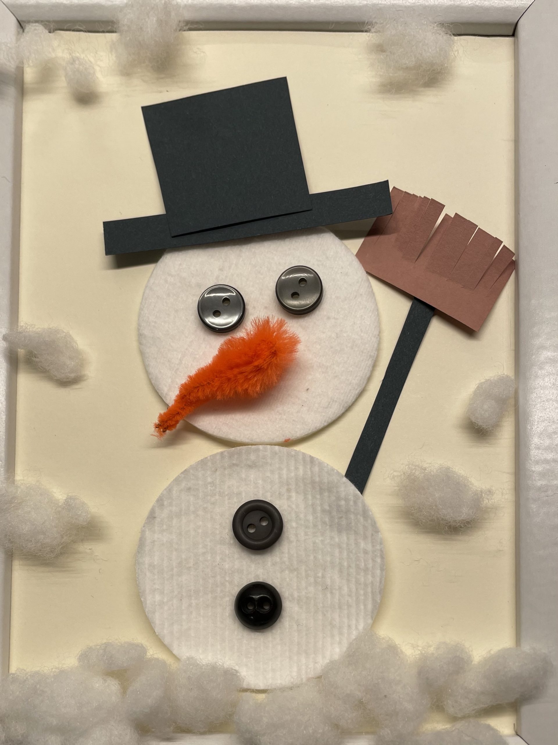 Bild zum Schritt 22 für das Bastel- und DIY-Abenteuer für Kinder: 'Fügt nun Hut, Besen und Karotten-Nase als Schneemann zusammen.'