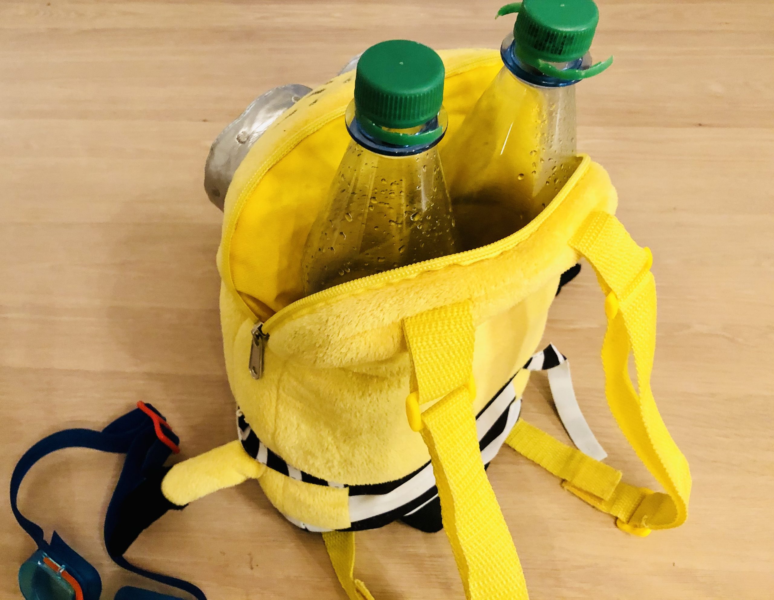 Bild zum Schritt 2 für das Bastel- und DIY-Abenteuer für Kinder: 'Dann stellt ihr die leeren Flaschen in den Rucksack. Lasst...'