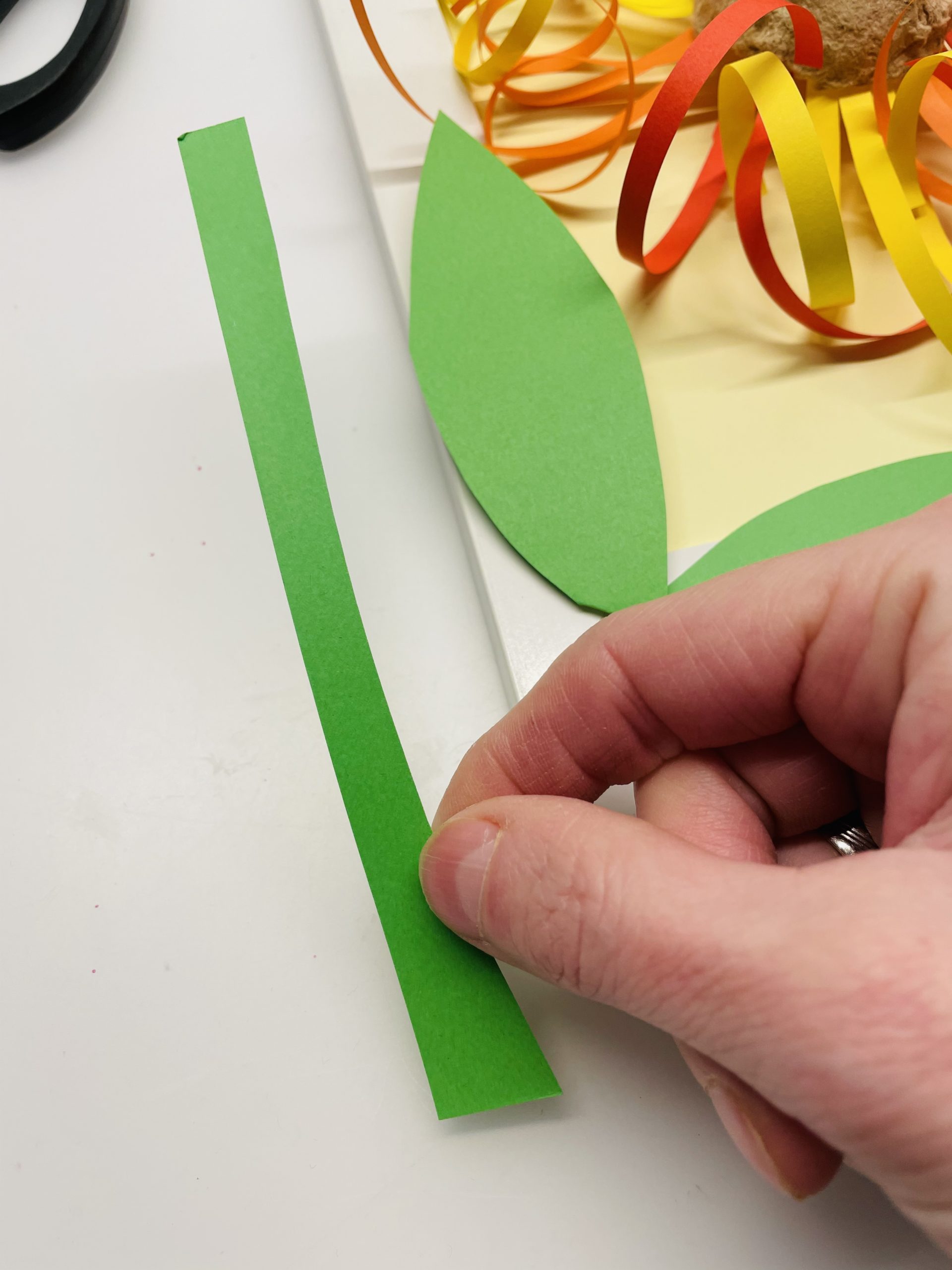 Bild zum Schritt 30 für das Bastel- und DIY-Abenteuer für Kinder: 'Schneidet einen schmalen Streifen vom grünen Papier ab.'