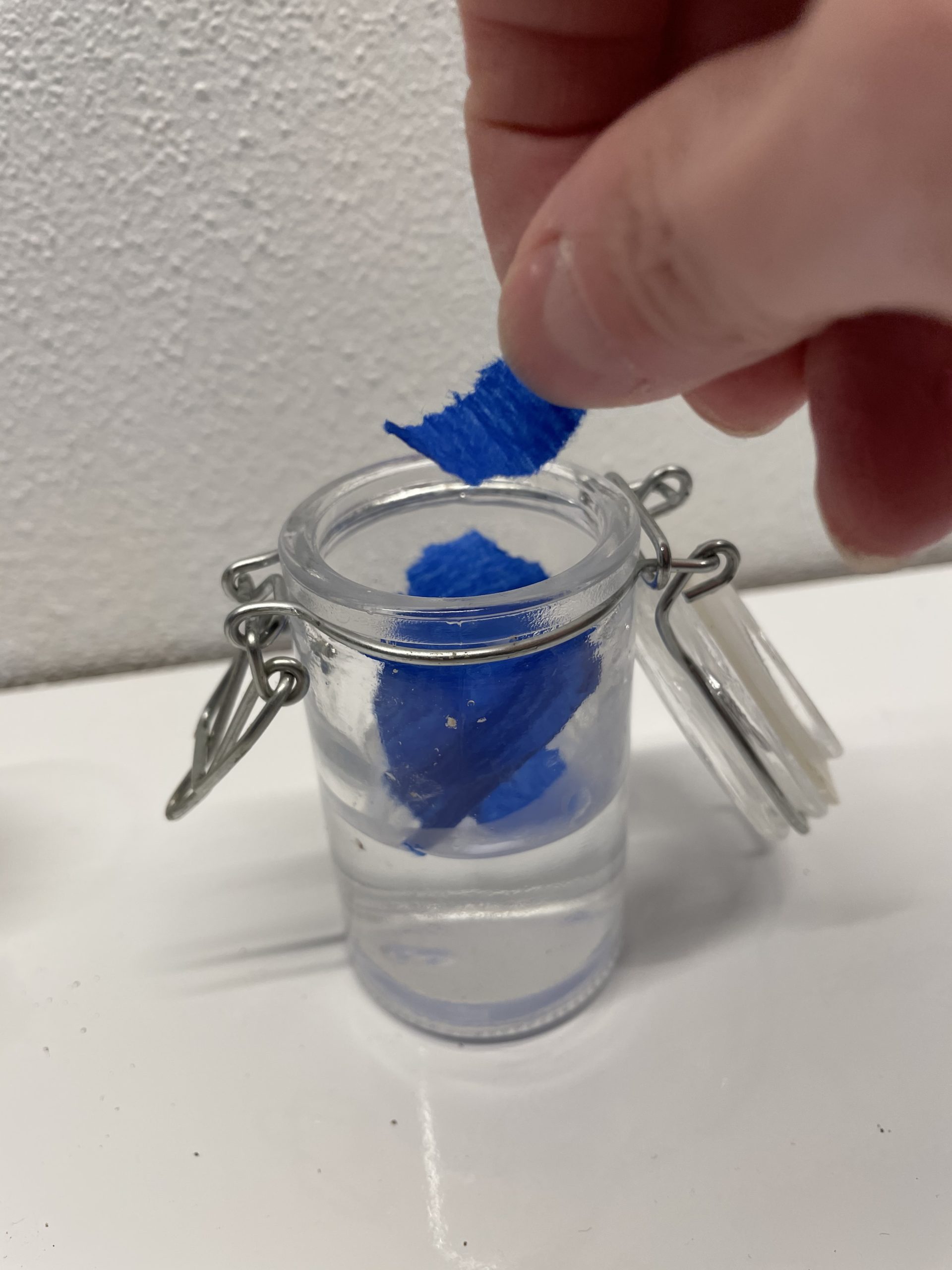 Bild zum Schritt 3 für das Bastel- und DIY-Abenteuer für Kinder: 'Jetzt legt ein paar Schnipsel blaues Krepppapier in das Wasser.'