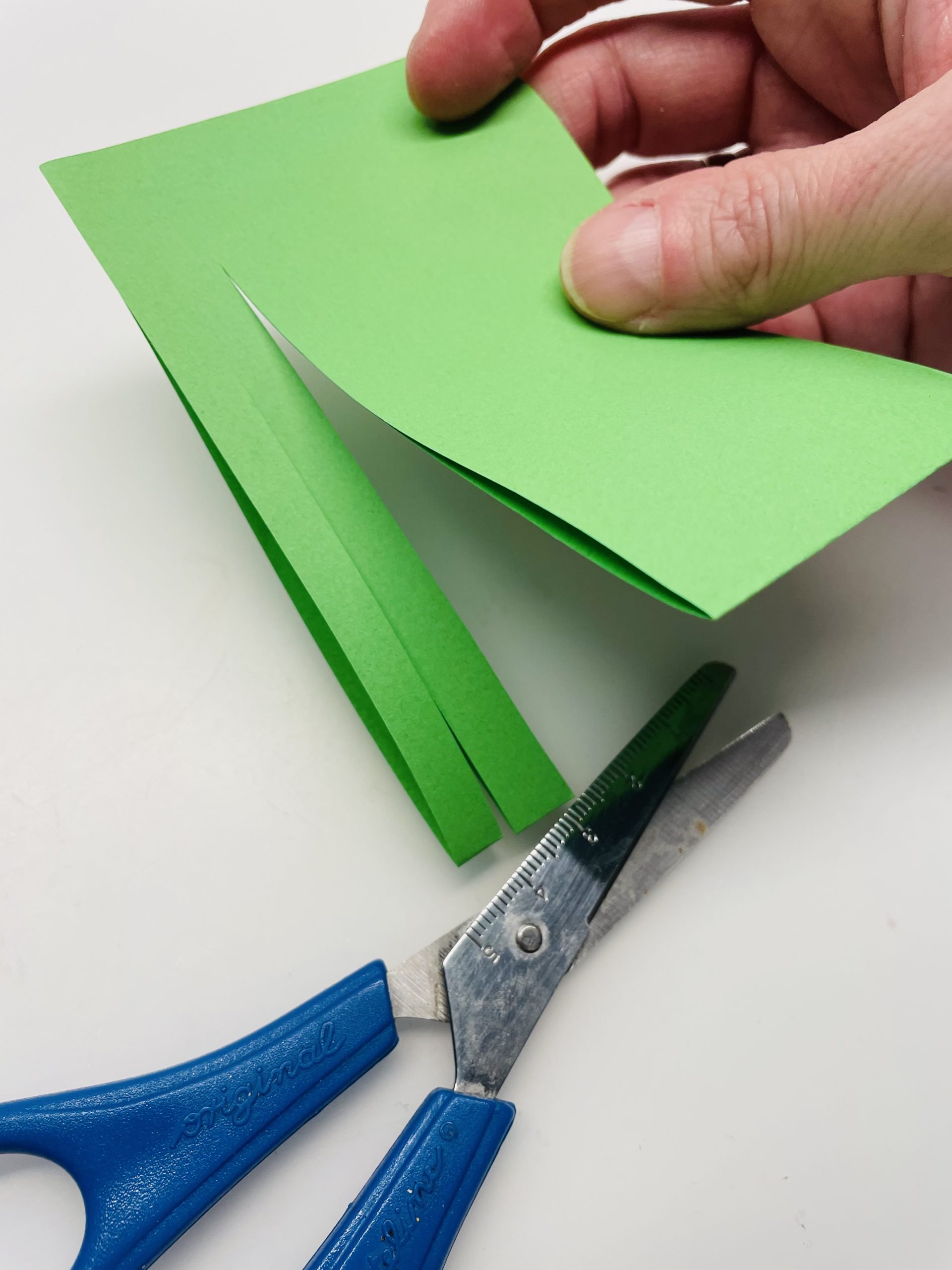 Bild zum Schritt 14 für das Bastel- und DIY-Abenteuer für Kinder: 'Schneidet sehr schmale Streifen in das Papier und lasst einen...'
