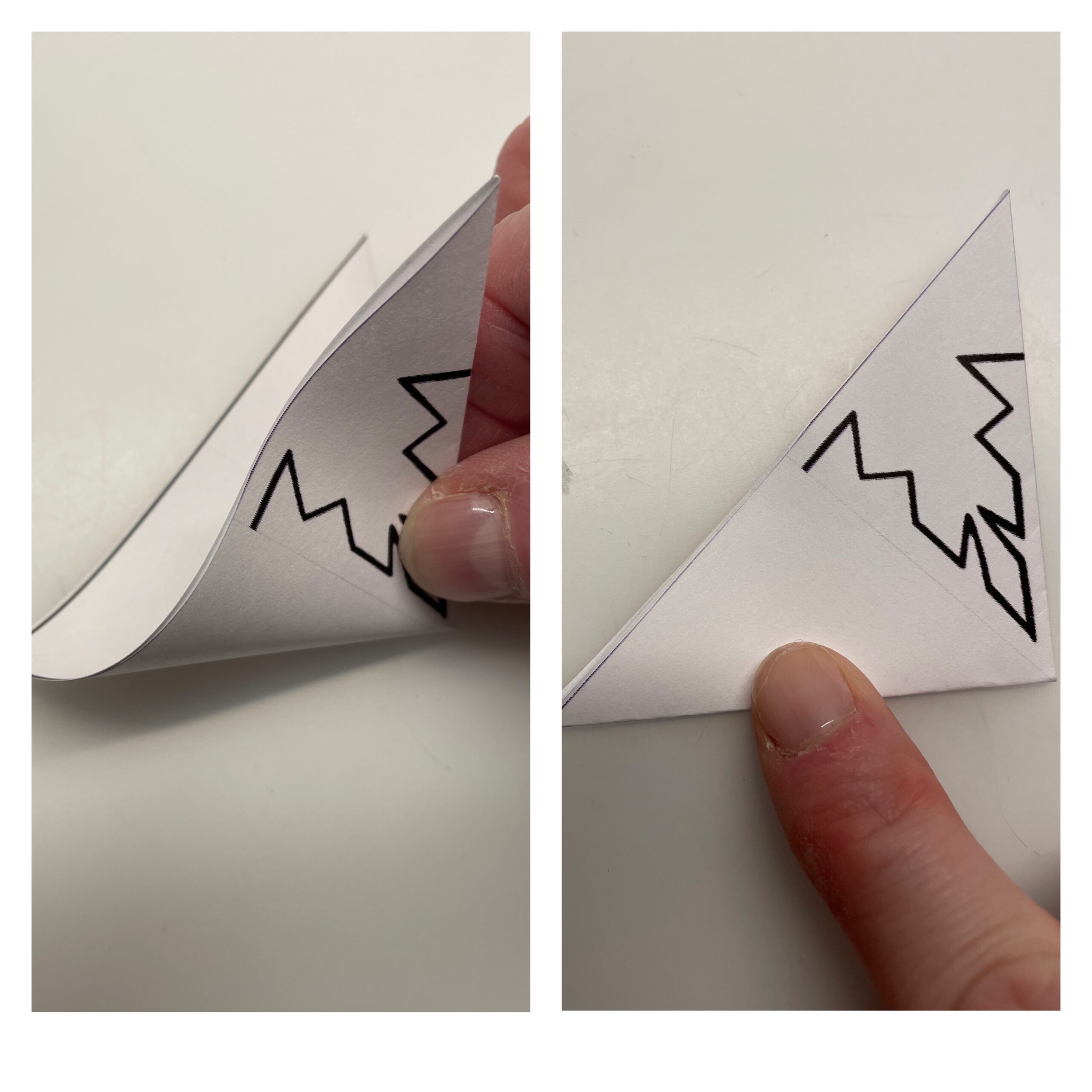 Bild zum Schritt 10 für das Bastel- und DIY-Abenteuer für Kinder: 'Anschließend faltet ihr das Dreieck zur Hälfte zusammen. Wieder liegt...'