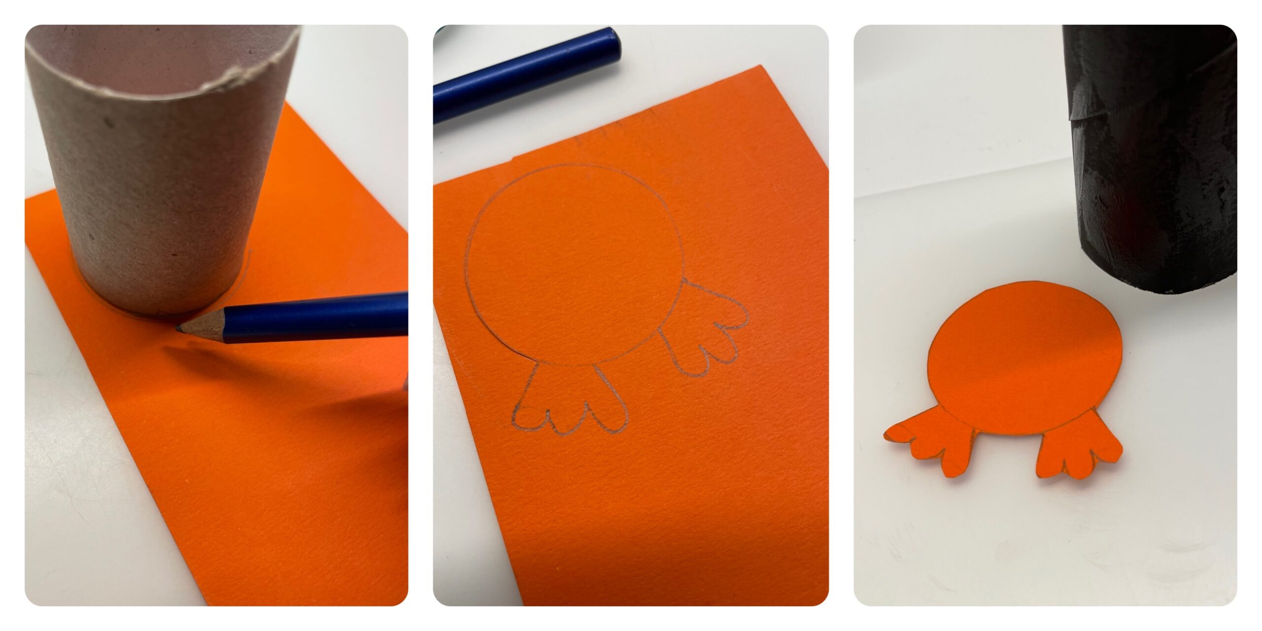Bild zum Schritt 6 für das Bastel- und DIY-Abenteuer für Kinder: 'Jetzt stellt ihr die Papprolle auf orangefarbenes Papier und zeichnet...'