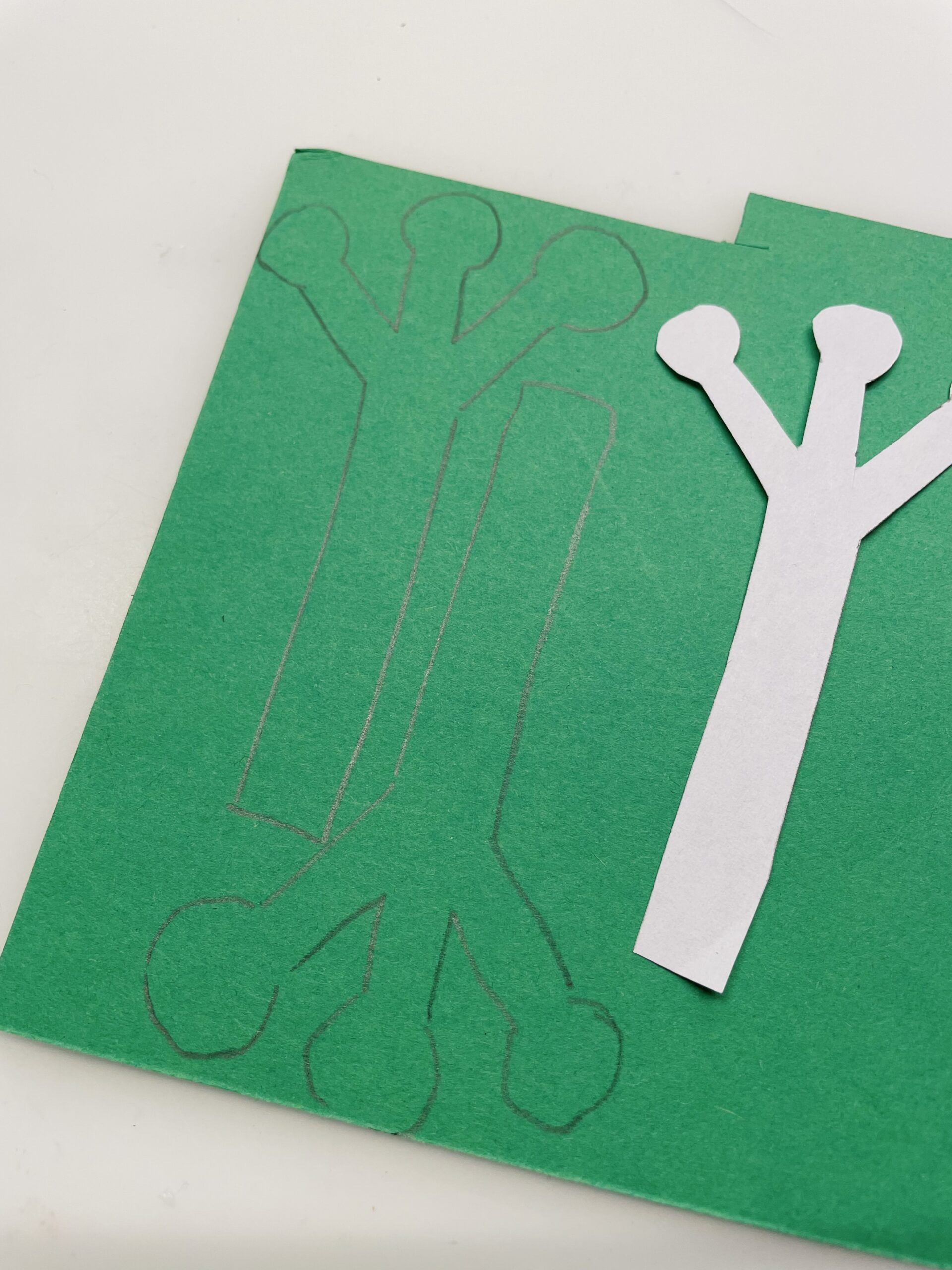 Bild zum Schritt 2 für das Bastel- und DIY-Abenteuer für Kinder: 'Übertragt zuerst die Vorlage viermal auf grünes Tonpapier und schneidet...'