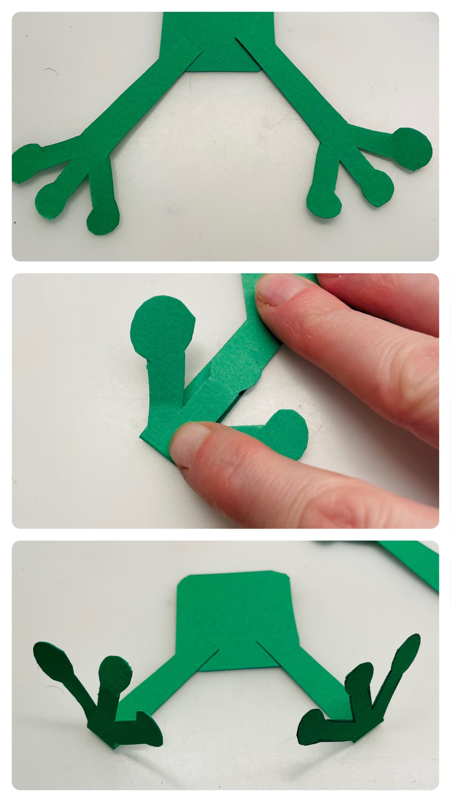 Bild zum Schritt 5 für das Bastel- und DIY-Abenteuer für Kinder: 'Anschließend klebt ihr zwei der Beine an das grüne Tonpapier...'