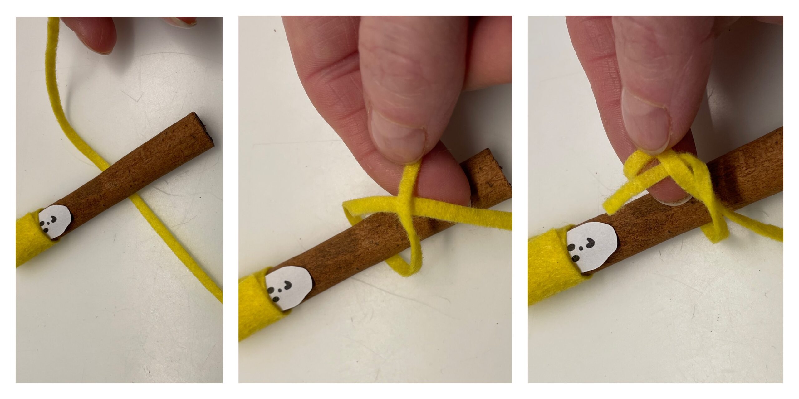 Bild zum Schritt 16 für das Bastel- und DIY-Abenteuer für Kinder: 'Die dünne „Filzschnur“ wird mit einem Knoten um die Zimtstange...'