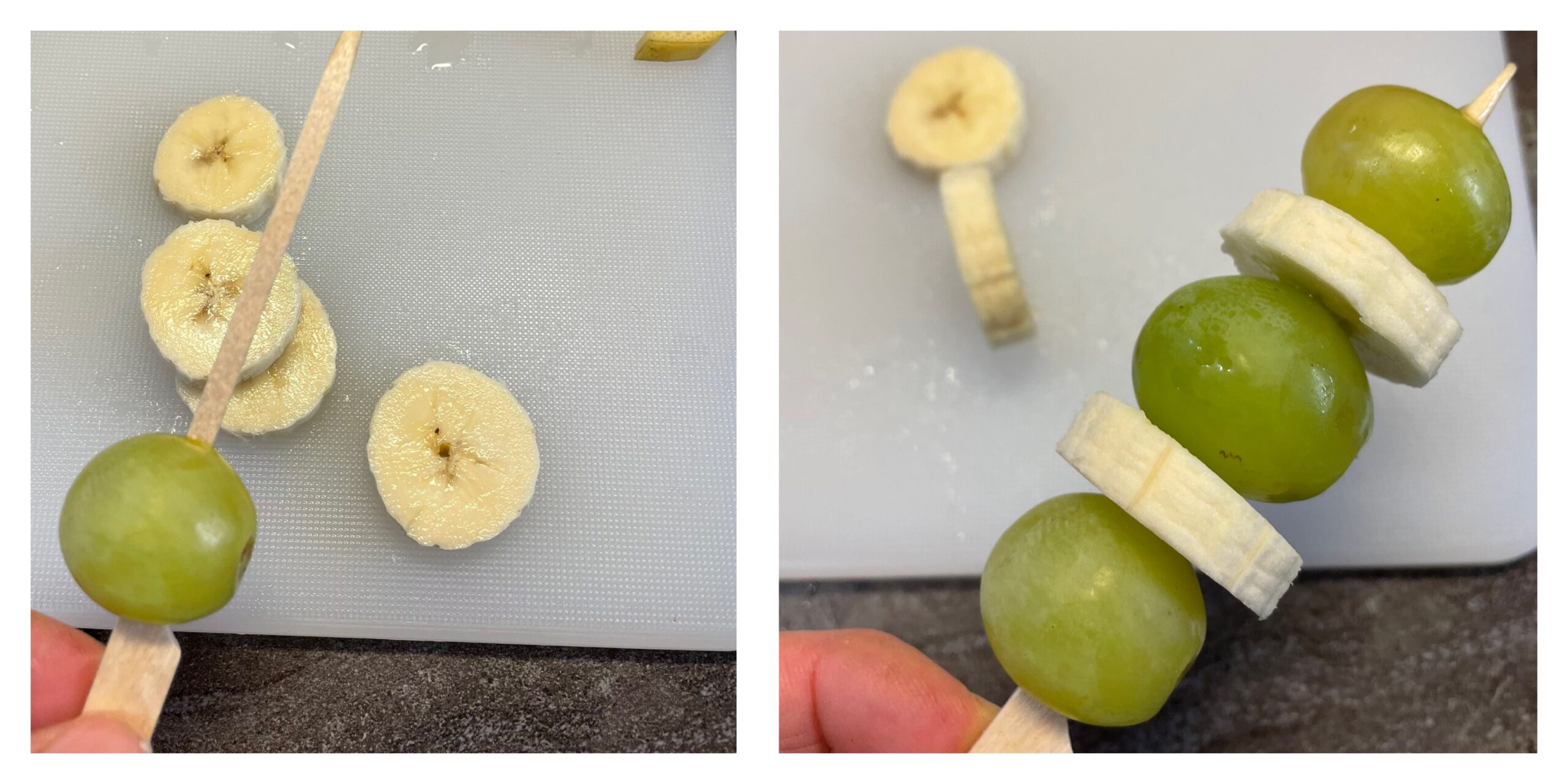 Bild zum Schritt 4 für das Bastel- und DIY-Abenteuer für Kinder: 'Auf einen Fingerfood-Spieß steckt ihr nun abwechselnd Trauben und Bananenscheiben...'