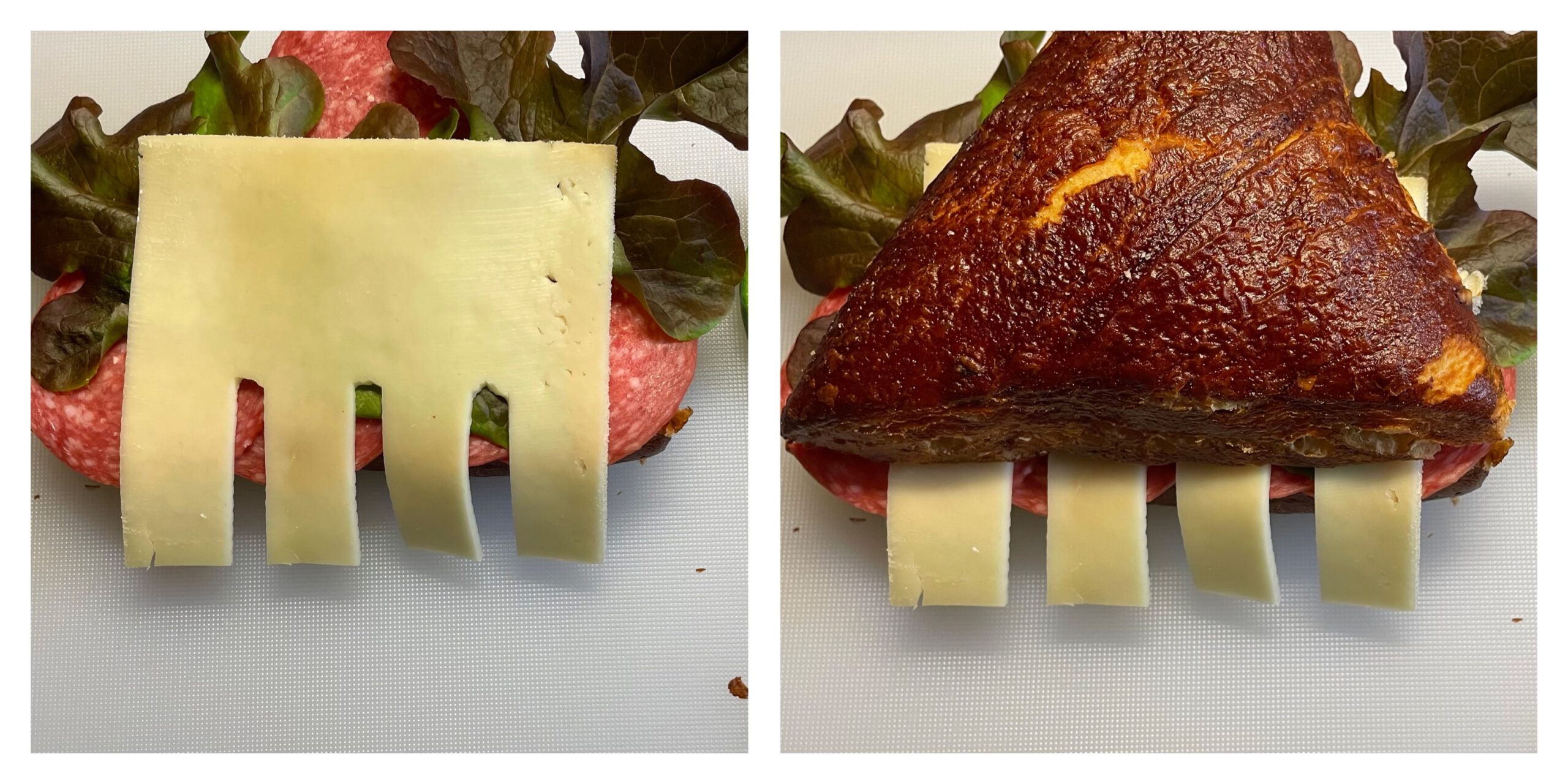 Bild zum Schritt 8 für das Bastel- und DIY-Abenteuer für Kinder: 'Jetzt legt ihr die Käse-Zähne so auf das Brötchen, dass...'