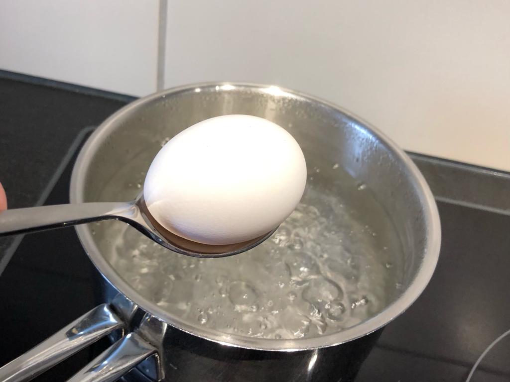 Bild zum Schritt 2 für die Kinder-Beschäftigung: 'Sobald das Wasser kocht legt ihr die Eier mit einem...'