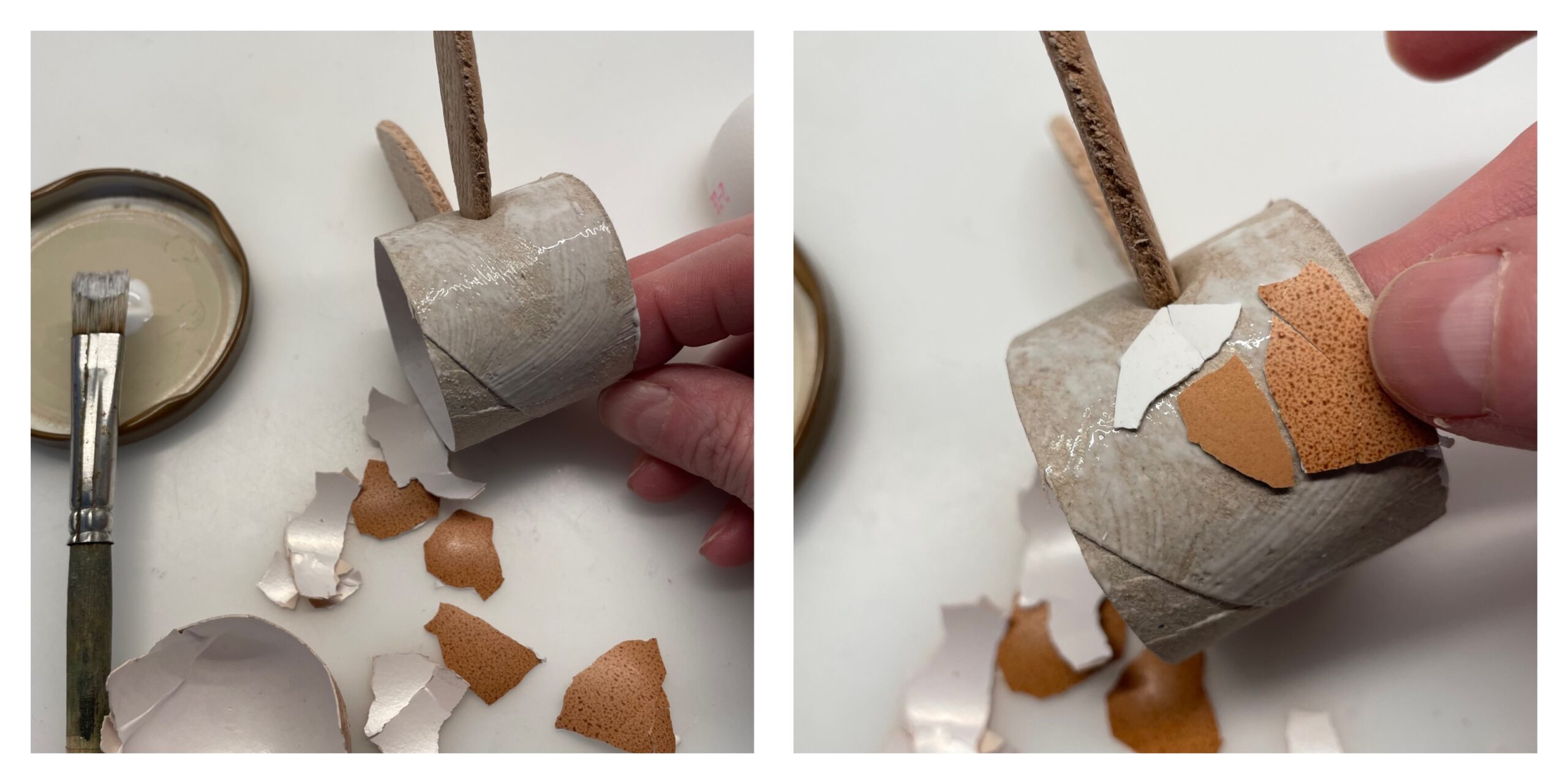 Bild zum Schritt 6 für das Bastel- und DIY-Abenteuer für Kinder: 'Streicht nun mit dem Pinsel den Kleber auf die Papprolle.'
