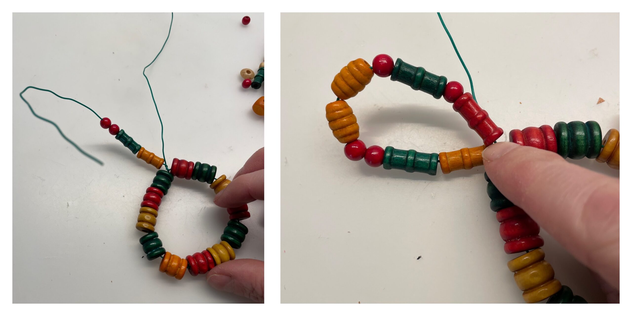 Bild zum Schritt 4 für das Bastel- und DIY-Abenteuer für Kinder: 'Anschließend fädelt ihr die Perlen an den zwei Drahtenden für...'
