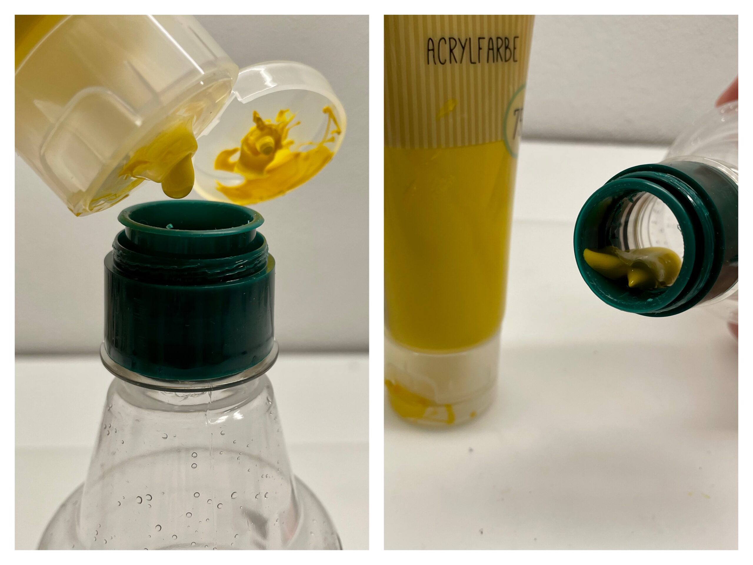 Bild zum Schritt 3 für das Bastel- und DIY-Abenteuer für Kinder: 'Füllt nun einen Klecks gelbe Acrylfarbe in die Flasche. Achtet...'