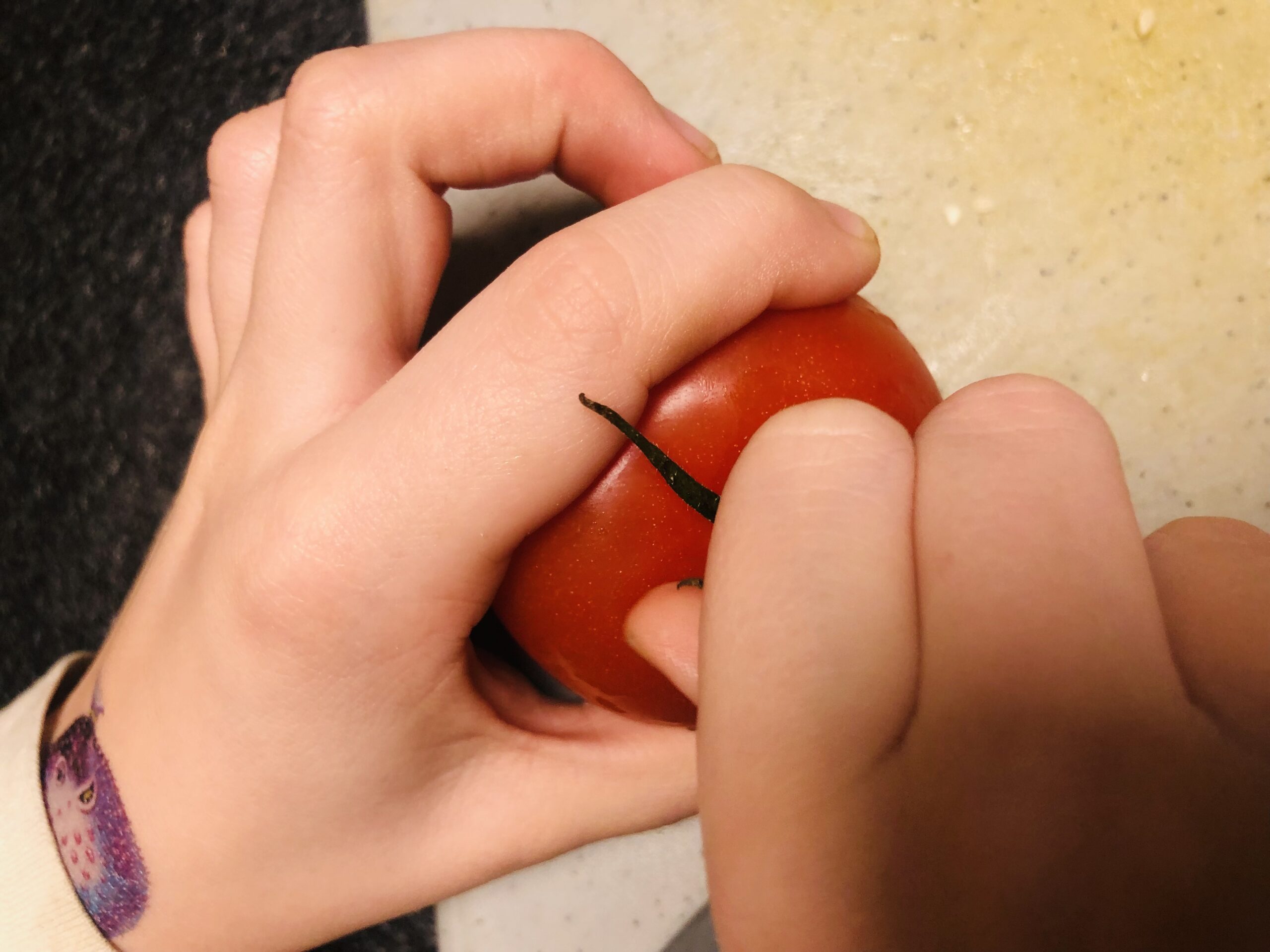 Bild zum Schritt 10 für das Bastel- und DIY-Abenteuer für Kinder: 'Jetzt löst ihr den grünen Strunk aus der Tomate.'