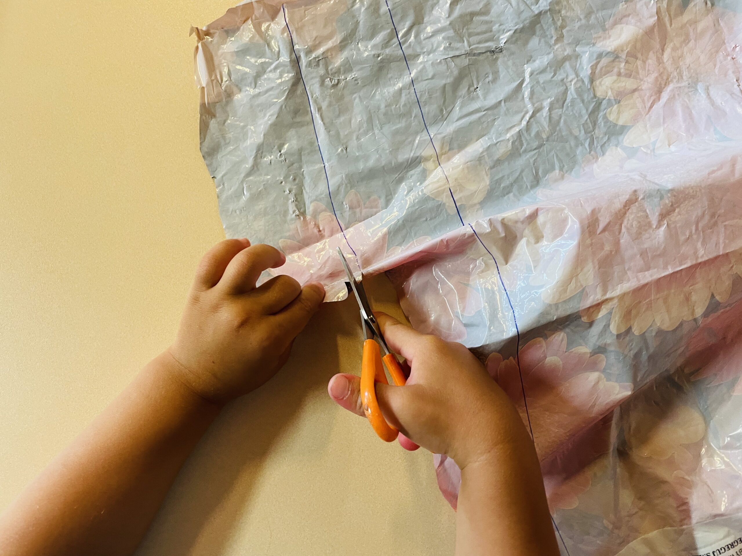 Bild zum Schritt 3 für das Bastel- und DIY-Abenteuer für Kinder: 'Schneidet von der Plastiktüte (Verpackungsmüll oder alte Einkaufstüte) einen Streifen...'