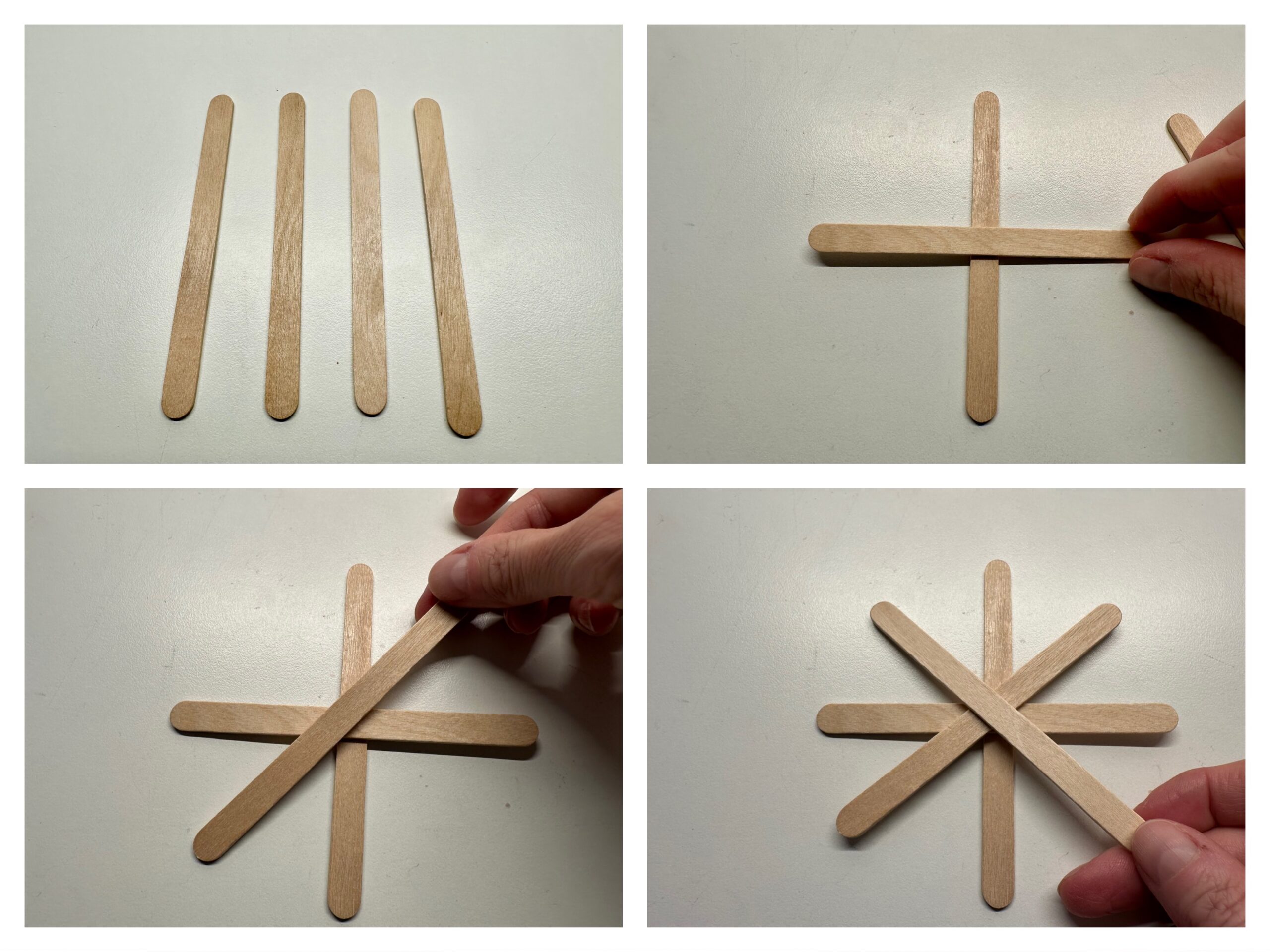 Bild zum Schritt 1 für das Bastel- und DIY-Abenteuer für Kinder: 'Nimm 4 Holzstäbchen. Lege zwei als Kreuz auf den Tisch....'