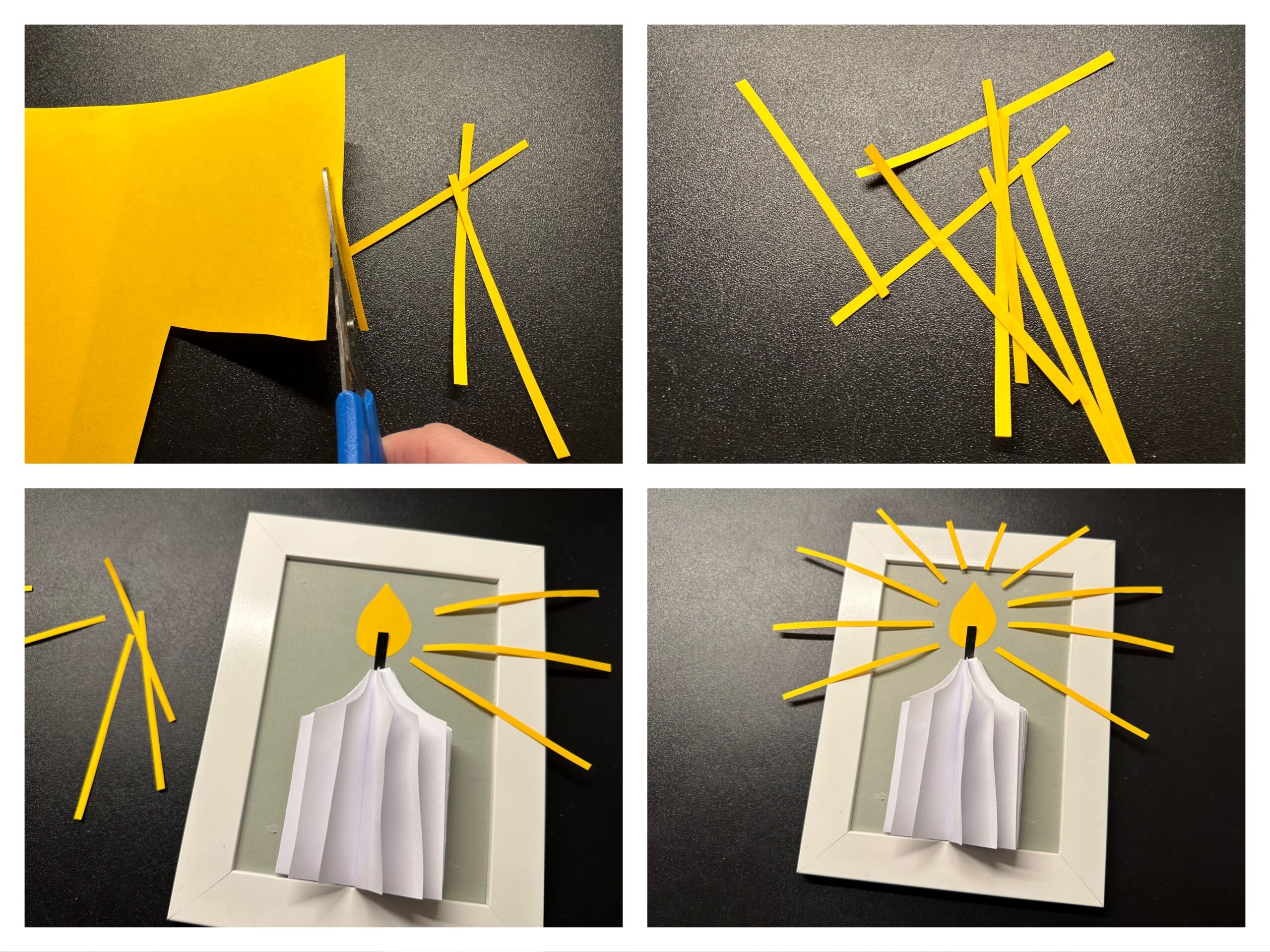 Bild zum Schritt 13 für das Bastel- und DIY-Abenteuer für Kinder: 'Schneidet euch aus gelben Tonpapier ganz dünne Streifen. Diese sind...'