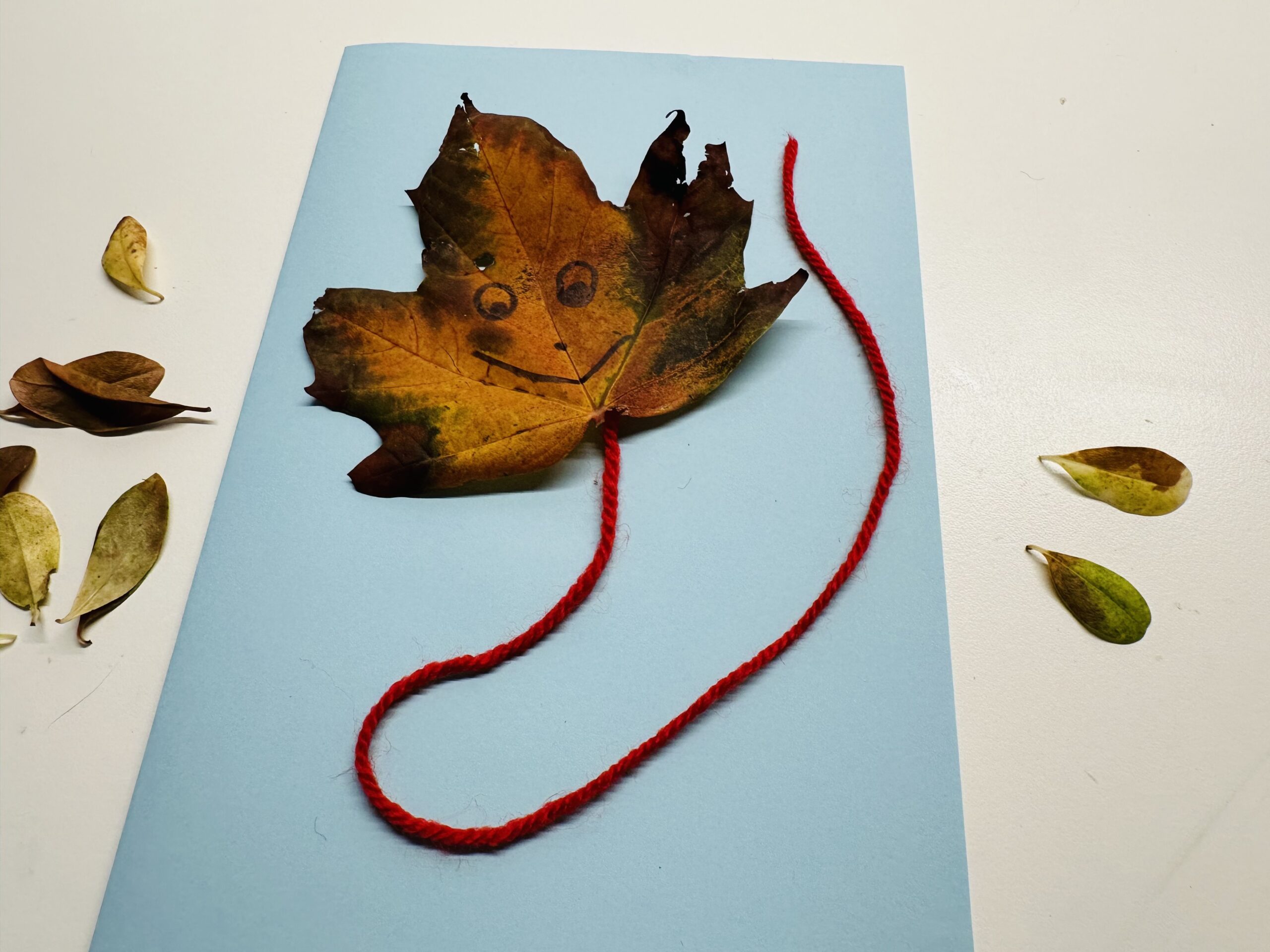 Bild zum Schritt 10 für das Bastel- und DIY-Abenteuer für Kinder: 'Lege den Wollfaden als Drachenschnur an dein Drachen-Blatt.'