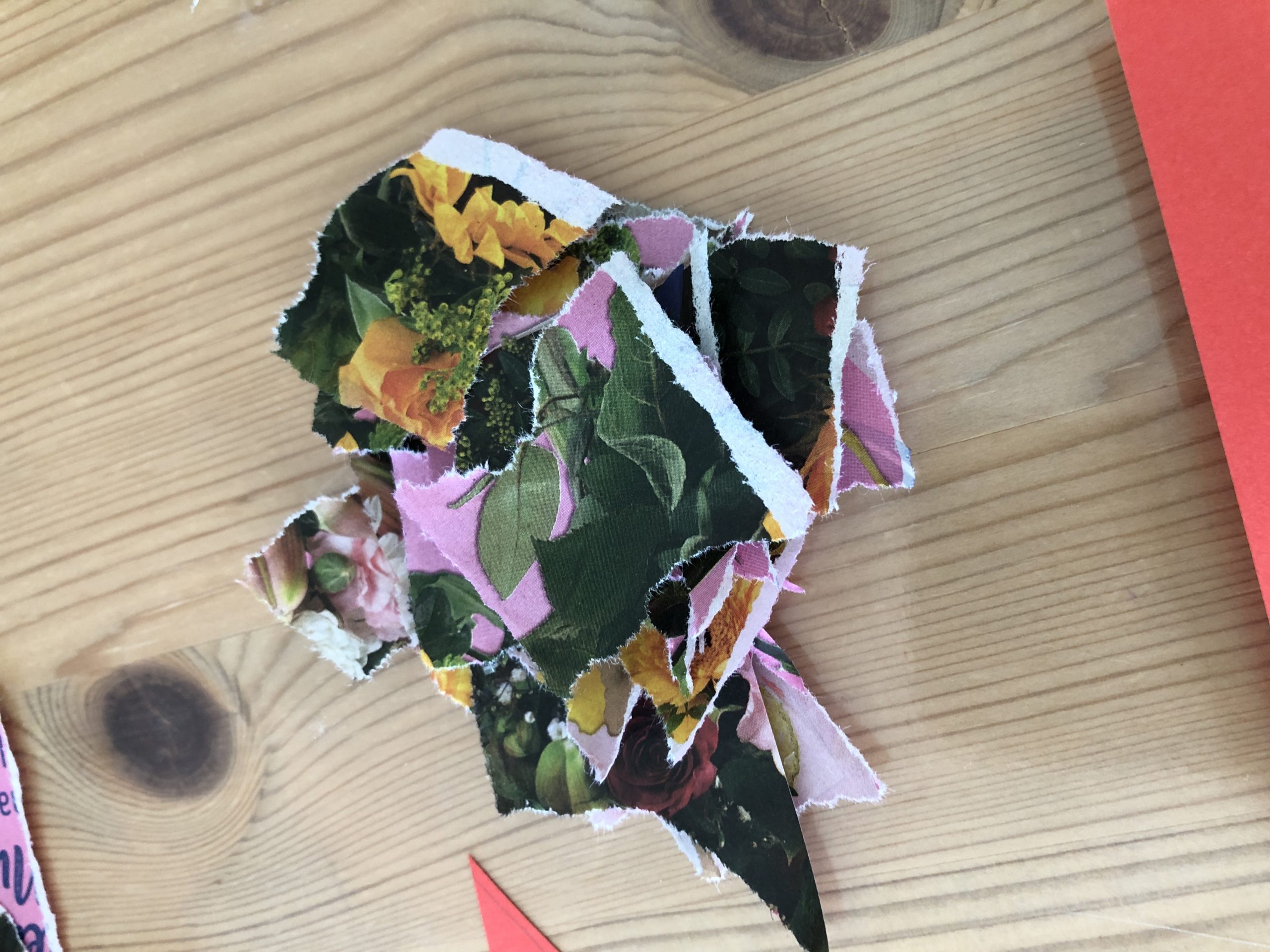 Bild zum Schritt 1 für das Bastel- und DIY-Abenteuer für Kinder: 'Reist aus den farbigen Blumenmotiven der Prospekte Schnipsel.'