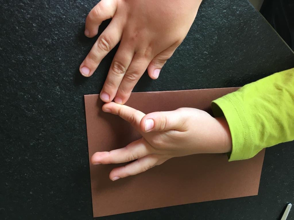 Bild zum Schritt 2 für die Kinder-Beschäftigung: 'Braunes Papier zur Hälfte falten und Falz ausstreichen.'