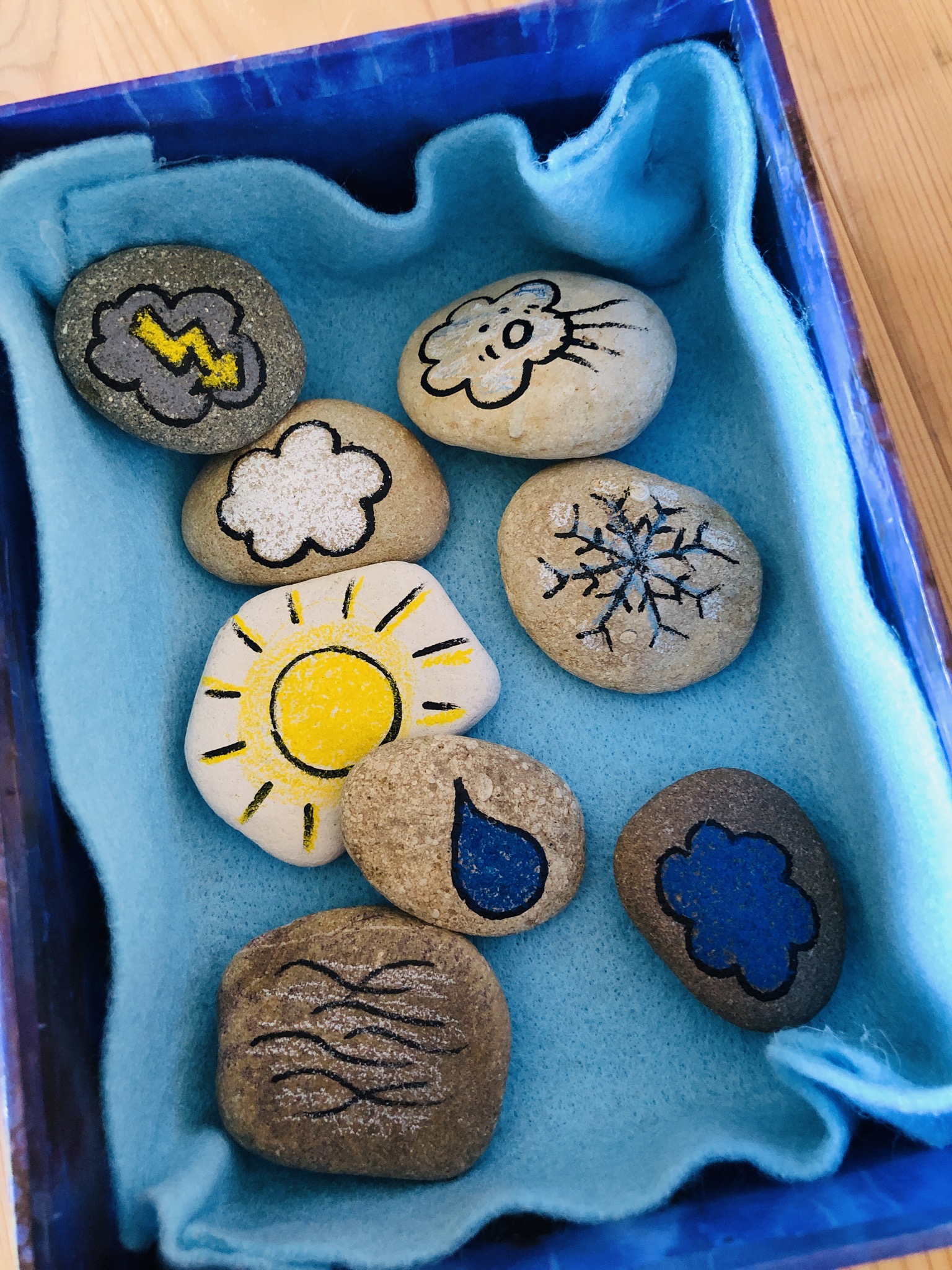 Bild zum Schritt 28 für das Bastel- und DIY-Abenteuer für Kinder: 'Legt die Wettersteine in eine mit Filz ausgelegte Box.'
