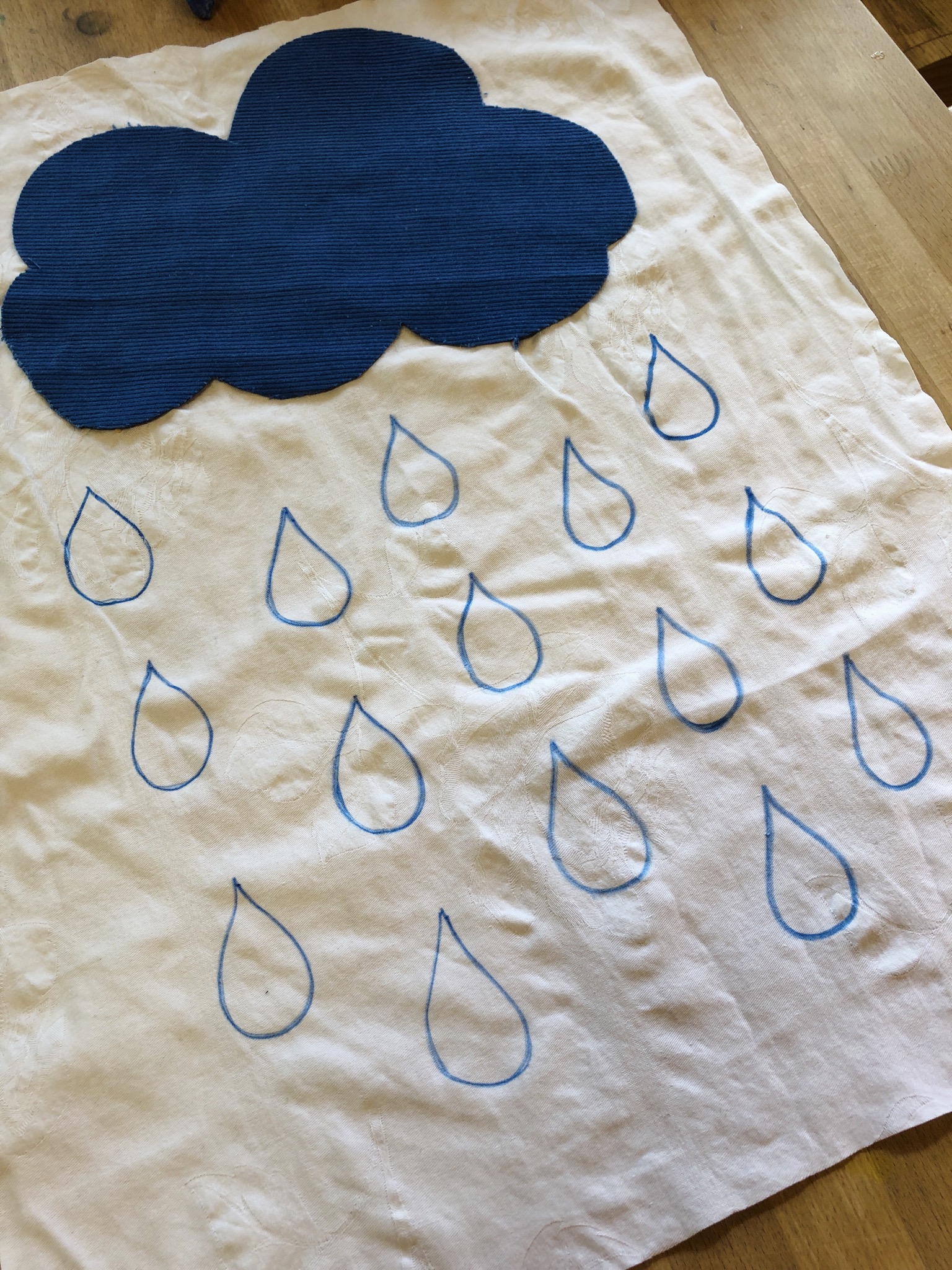 Bild zum Schritt 14 für das Bastel- und DIY-Abenteuer für Kinder: 'Regentropfen ca.  in der Größe der Stofftropfen (Filztropfen) aufmalen.'