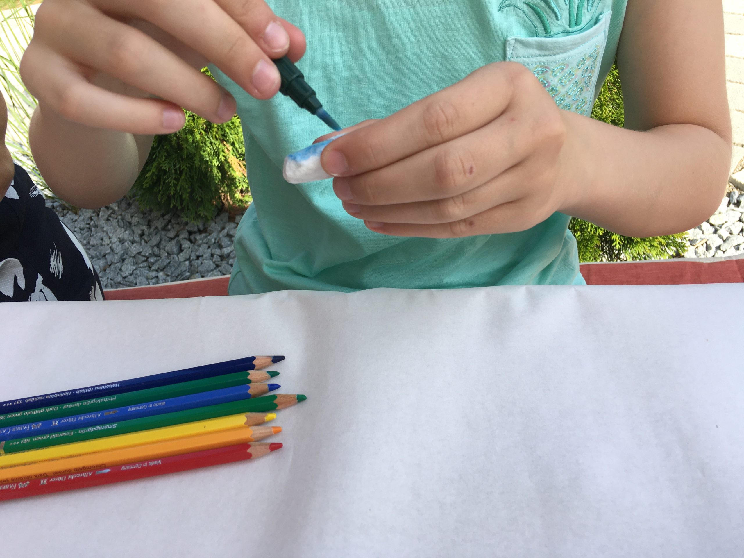 Bild zum Schritt 3 für die Kinder-Beschäftigung: 'Wir haben Aquarellbuntstifte verwendet. Nach dem Malen können Farbverläufe mit...'
