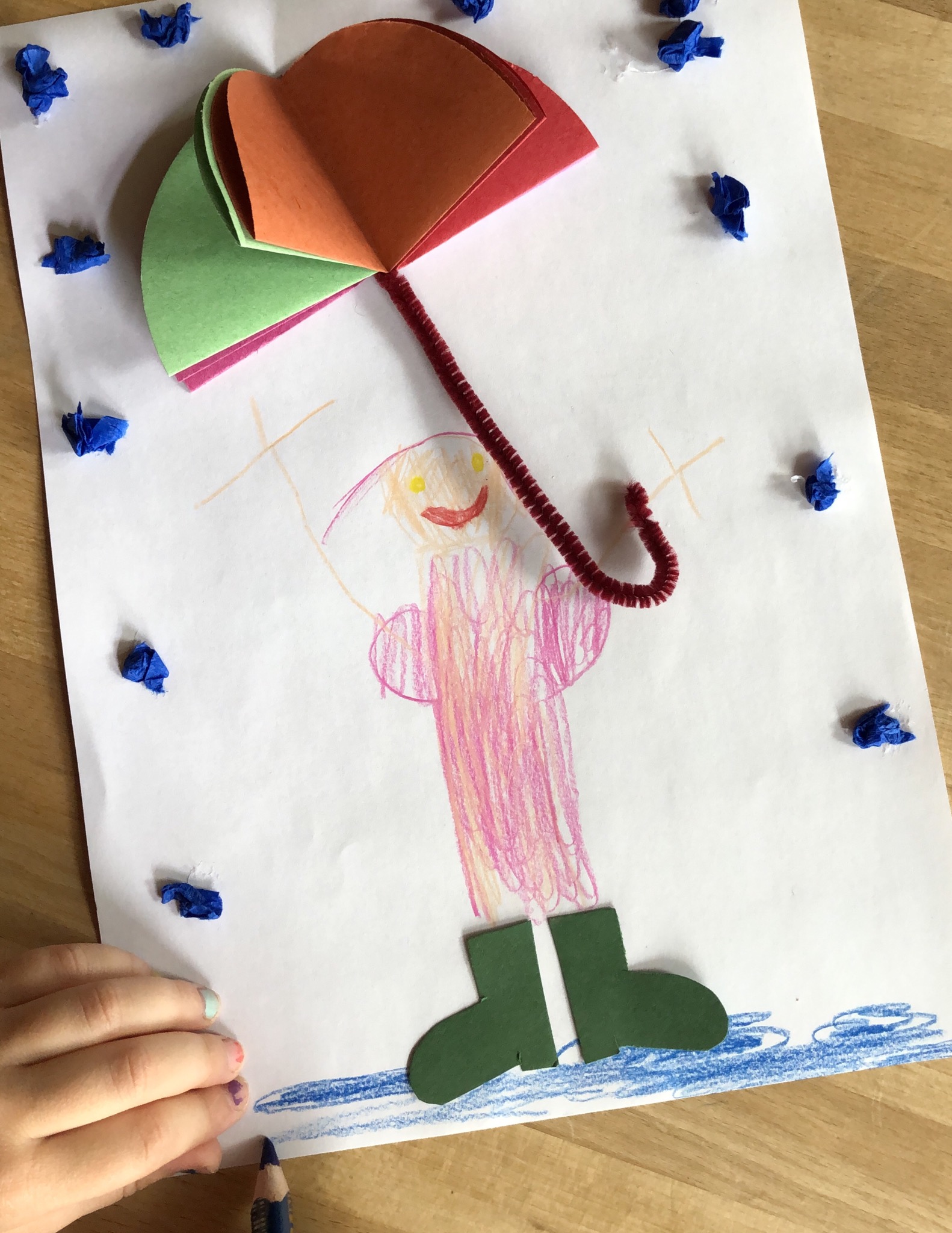 Bild zum Schritt 21 für das Bastel- und DIY-Abenteuer für Kinder: 'Den Schirm so aufs Papier kleben, dass ihn das Männchen...'
