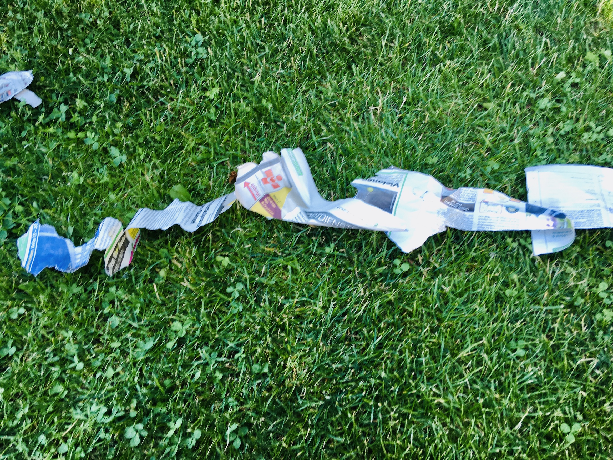 Bild zum Schritt 4 für die Kinder-Beschäftigung: 'Reißt eine Papierschlange aus Zeitungspapier. Wie lang ist die Schlange...'