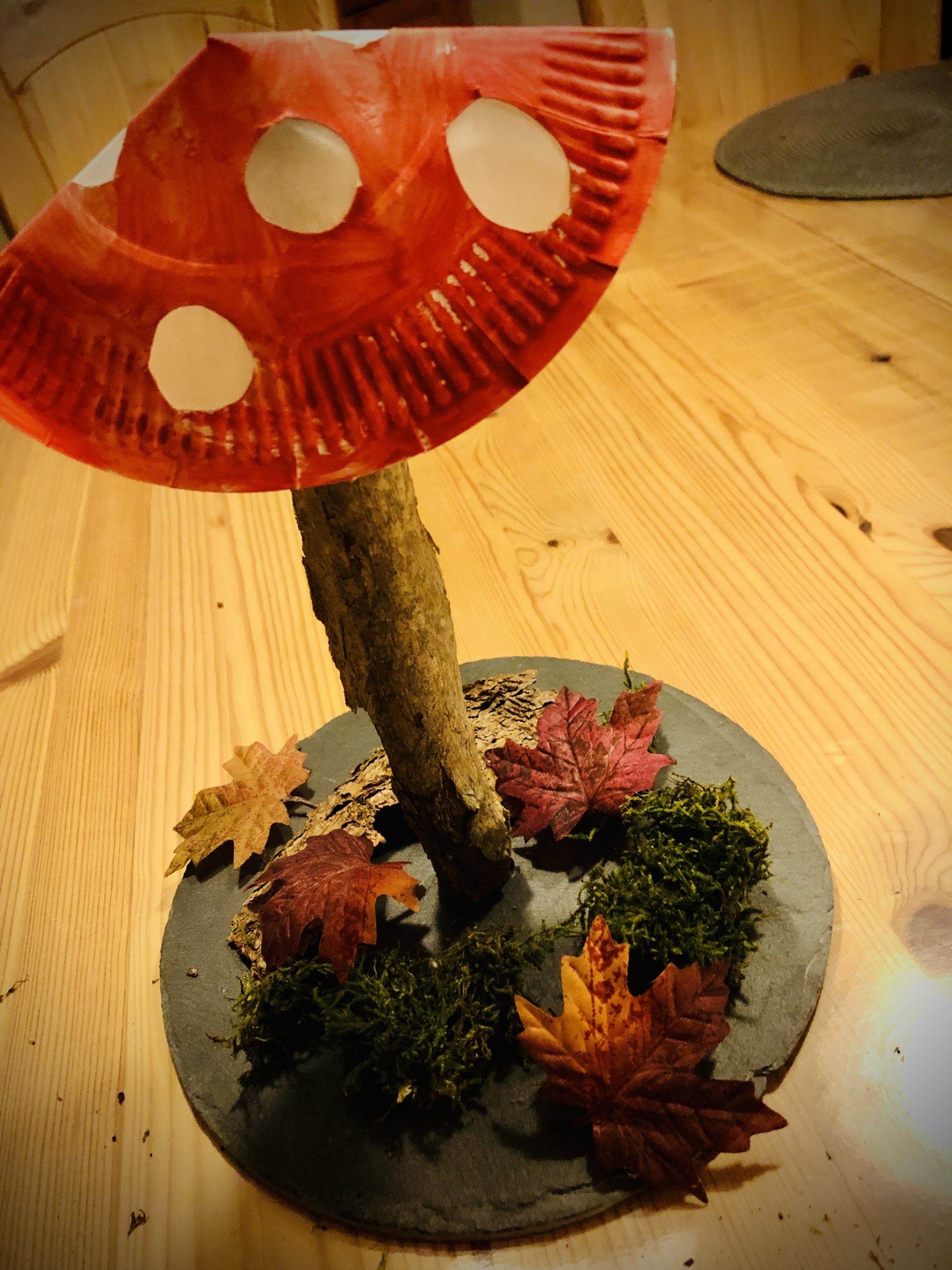 Bild zum Schritt 14 für das Bastel- und DIY-Abenteuer für Kinder: 'Abschließend dekoriert den Pilz mit Moos, Blättern und Rindenstücken.'