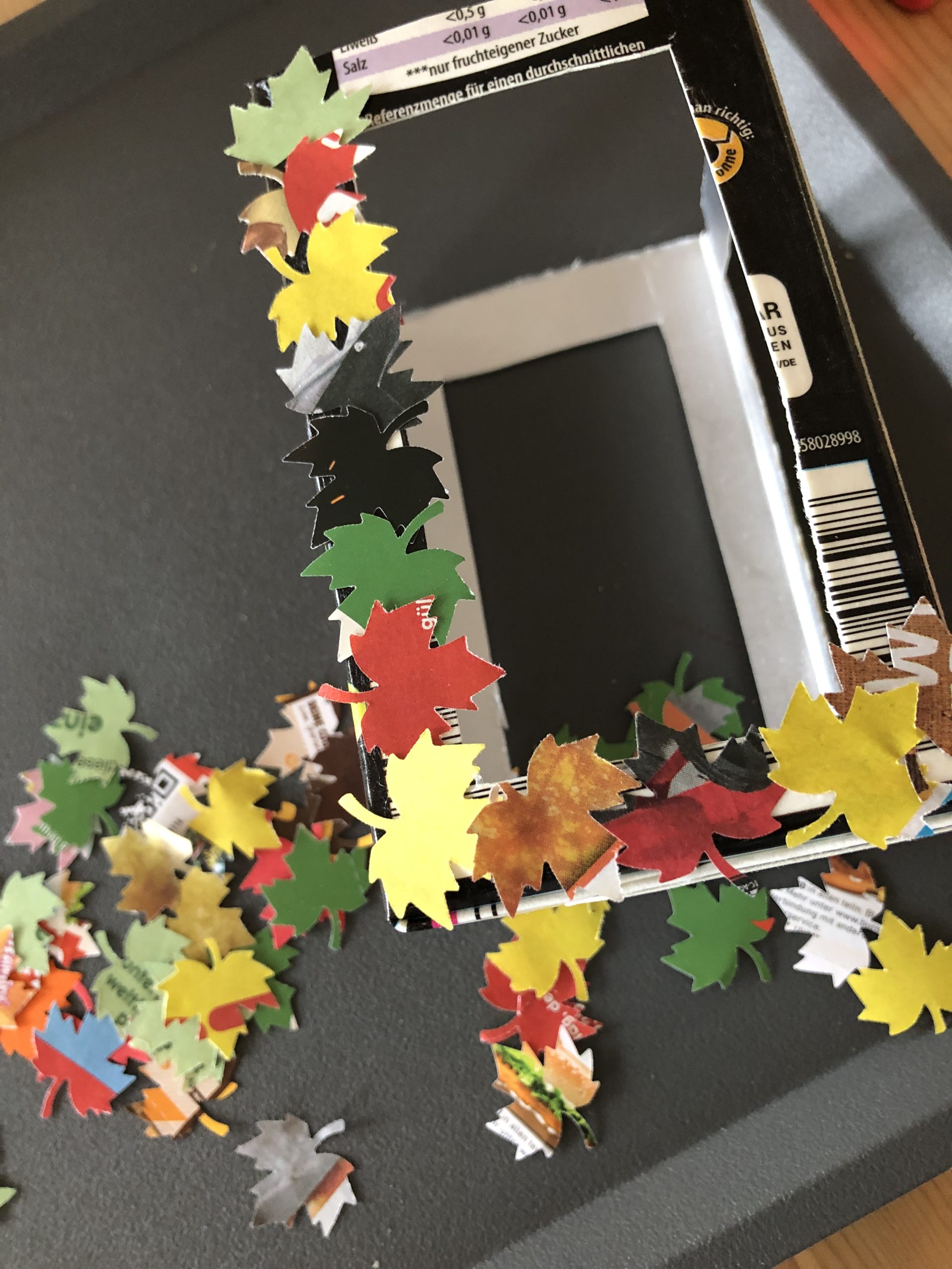 3. Bild zum Schritt 7 für das Bastel- und DIY-Abenteuer für Kinder: 'Beklebt nun den Rahmen des Tetrapack mit den ausgestanzten Blättern.'