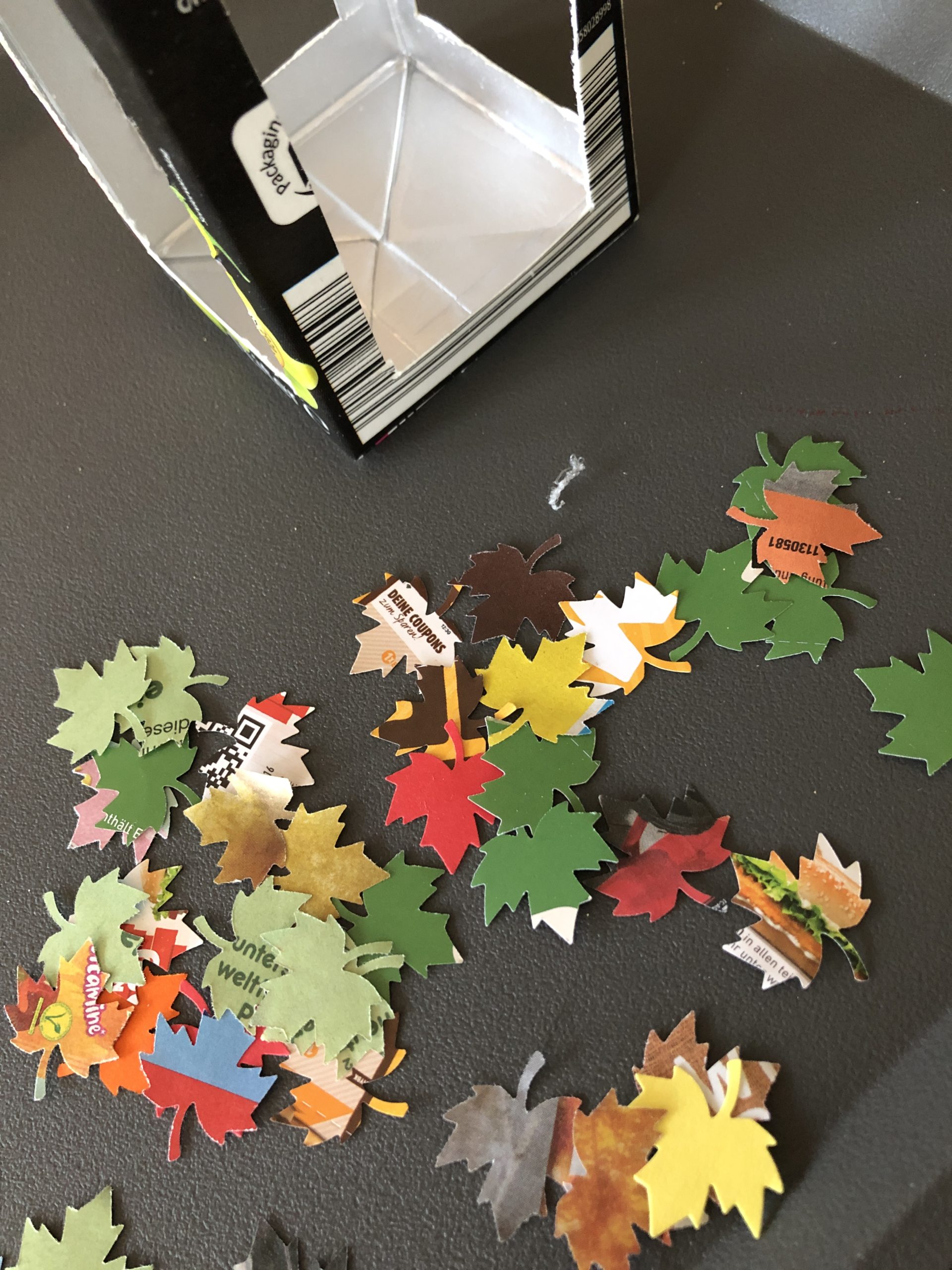 2. Bild zum Schritt 4 für die Kinder-Beschäftigung: 'Stanzt verschiedene Blätter in den unterschiedlichsten Herbstfarben aus den Werbeprospekten...'