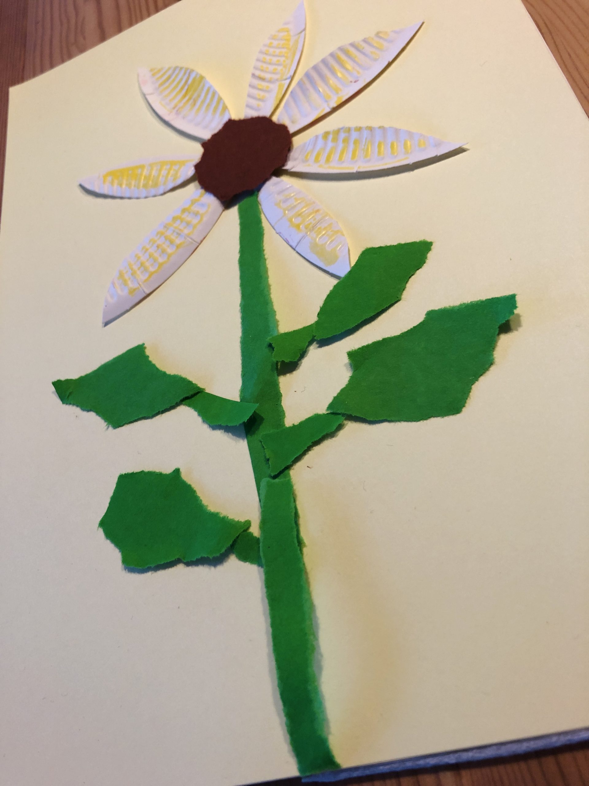 Bild zum Schritt 8 für das Bastel- und DIY-Abenteuer für Kinder: 'Legt euer weißes Papier bereit und positioniert darauf den Blütenkopf....'