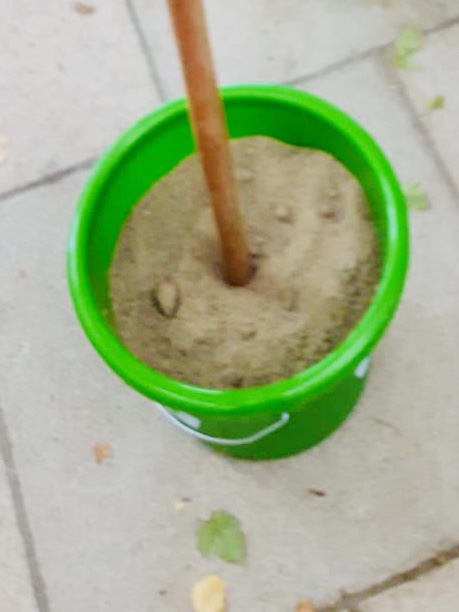 Bild zum Schritt 1 für die Kinder-Beschäftigung: 'Füllt in jeden Eimer Sand und steckt einen Holzstab hinein.'
