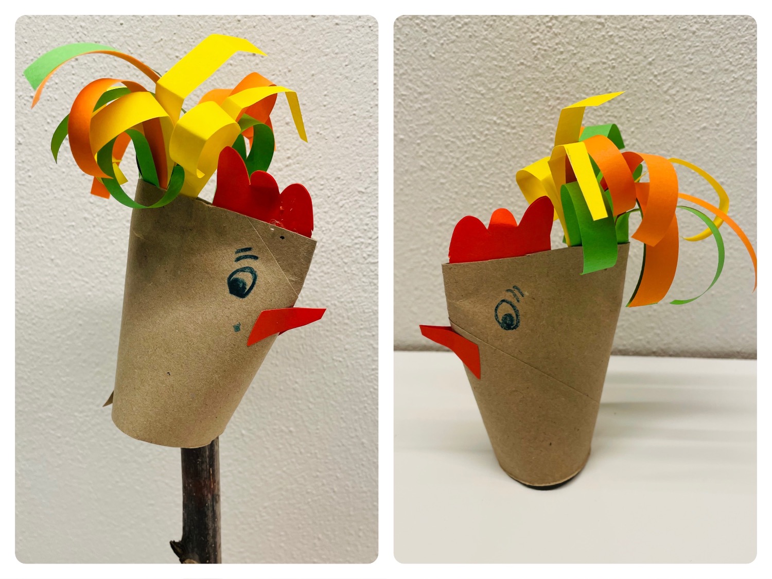 Titelbild zur Bastel- und DIY-Idee für Kinder '(667) Hahn aus Papprolle ( 2 Ideen)'