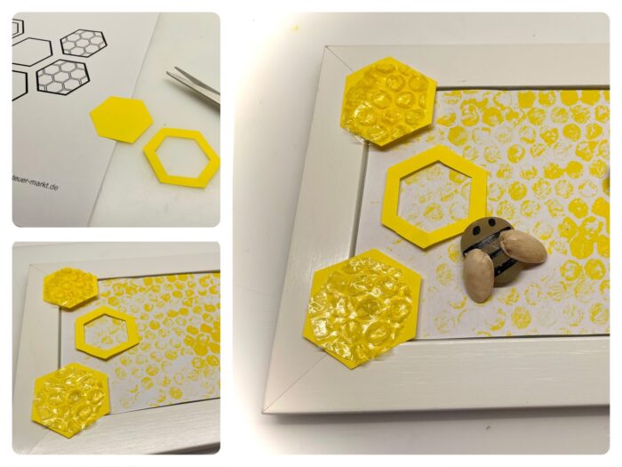 Titelbild zur Bastel- und DIY-Idee für Kinder '(1126) Bilderrahmen zum Thema Bienen gestalten – Bienenwaben basteln'